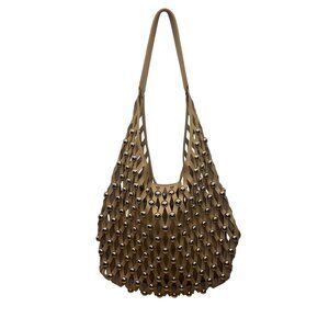 Studded Taupe Brown Faux Leather Shoulder Bag With Open Lattice Style Size M